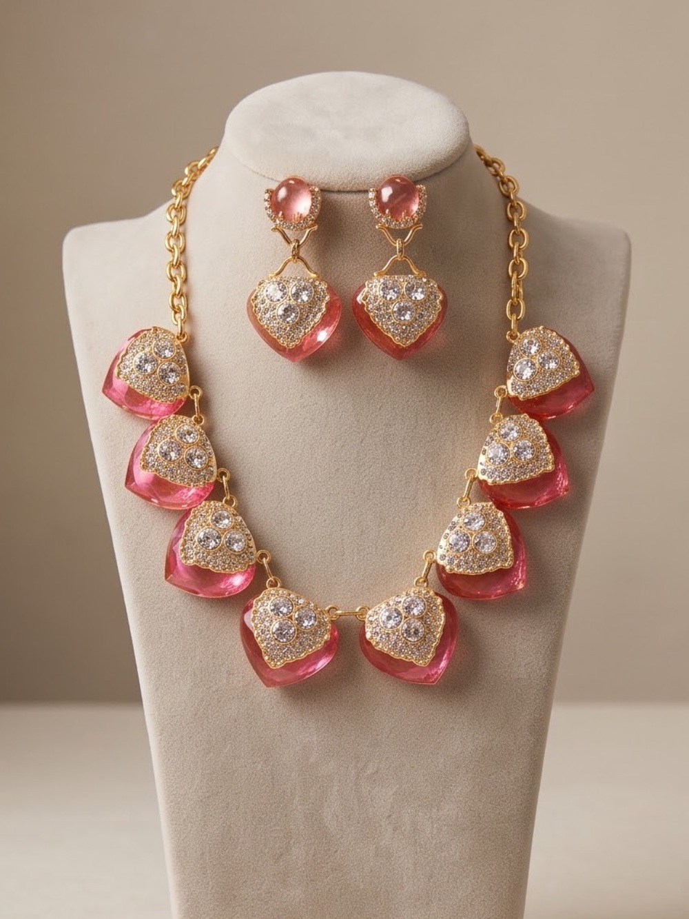 Gold-Tone Pink Heart Crystal Necklace & Earring Set